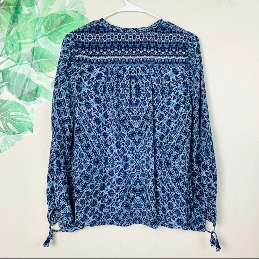 Rebecca Taylor Silk Blue Floral Tie-Neck Long Sleeve Boho Blouse Top